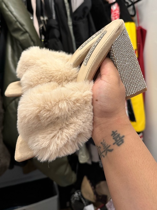 Shoes - Faux Fur Slide Heels with Rhinestone Block Heel - Beige